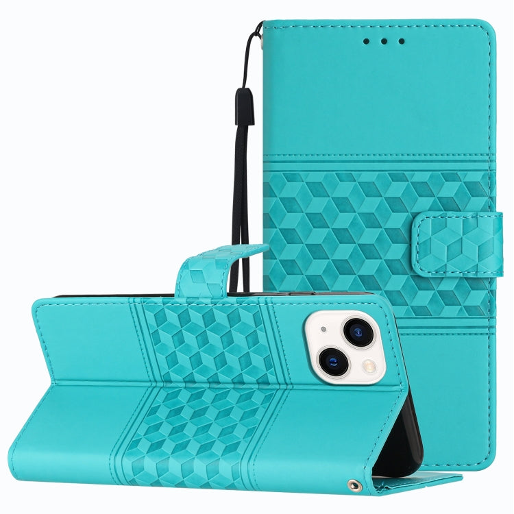 For iPhone 14 Diamond Embossed Skin Feel Leather Phone Case with Lanyard