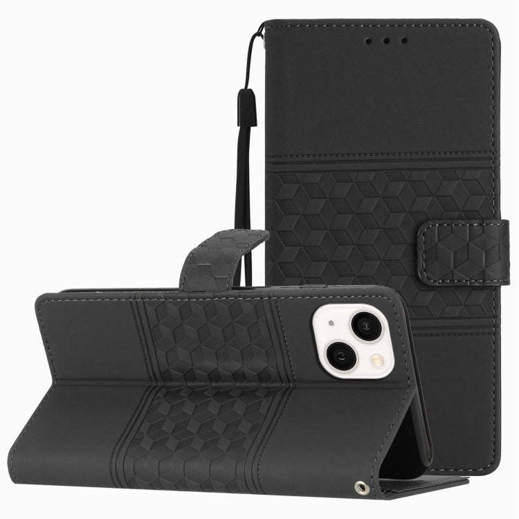 For iPhone 14 Diamond Embossed Skin Feel Leather Phone Case with Lanyard