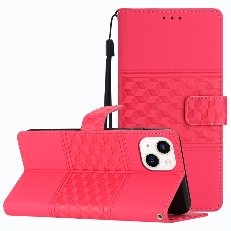 For iPhone 14 Plus Diamond Embossed Skin Feel Leather Phone Case with Lanyard