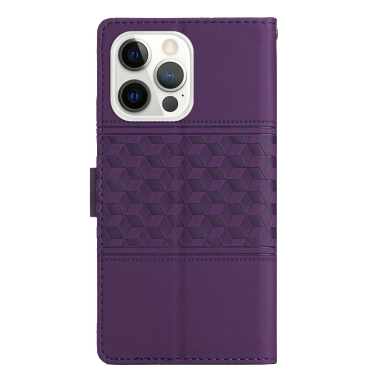 For iPhone 14 Pro Diamond Embossed Skin Feel Leather Phone Case with Lanyard