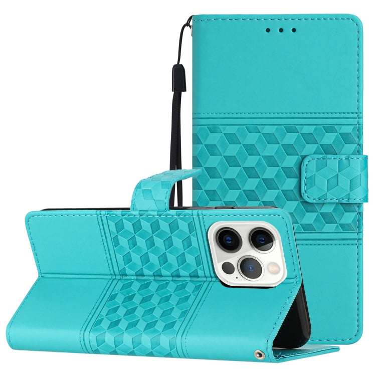 For iPhone 14 Pro Diamond Embossed Skin Feel Leather Phone Case with Lanyard