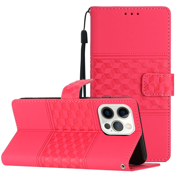 For iPhone 14 Pro Diamond Embossed Skin Feel Leather Phone Case with Lanyard