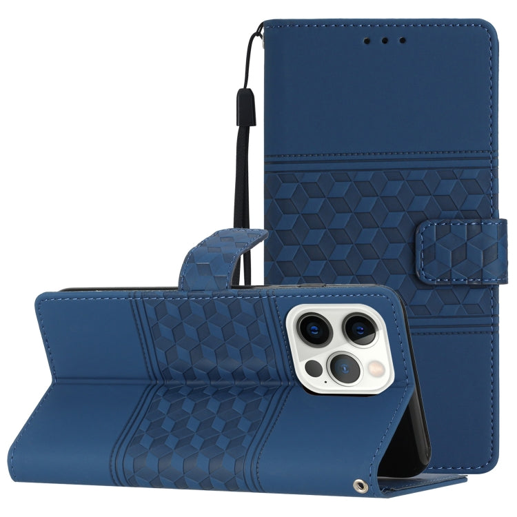 For iPhone 14 Pro Max Diamond Embossed Skin Feel Leather Phone Case with Lanyard