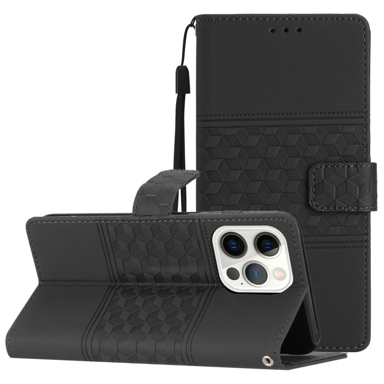 For iPhone 14 Pro Max Diamond Embossed Skin Feel Leather Phone Case with Lanyard