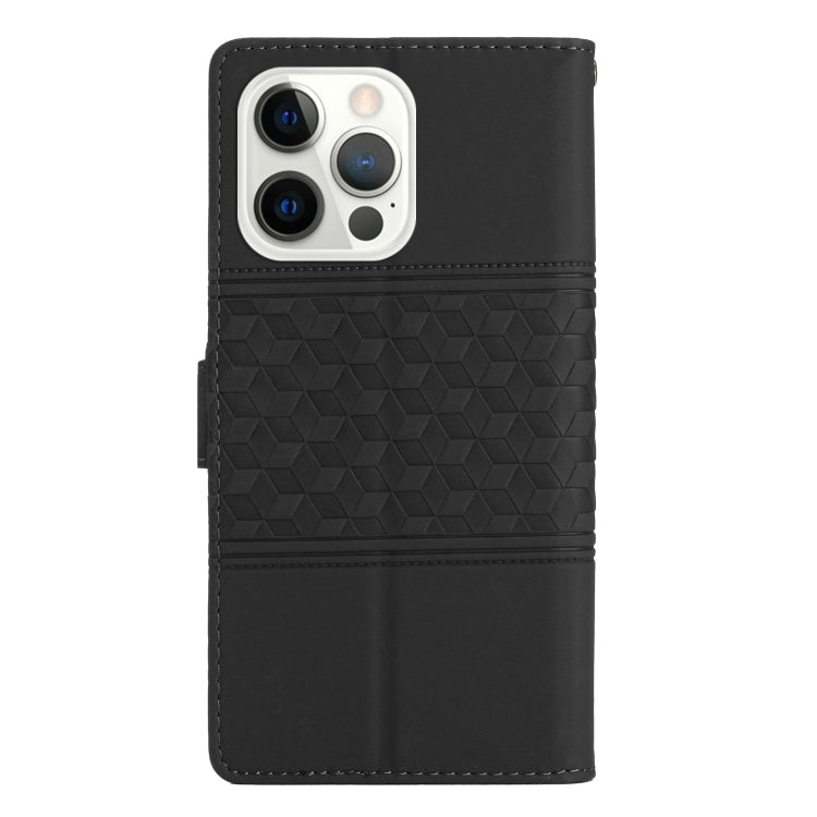 For iPhone 14 Pro Max Diamond Embossed Skin Feel Leather Phone Case with Lanyard