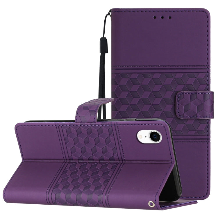 For iPhone XR Diamond Embossed Skin Feel Leather Phone Case with Lanyard