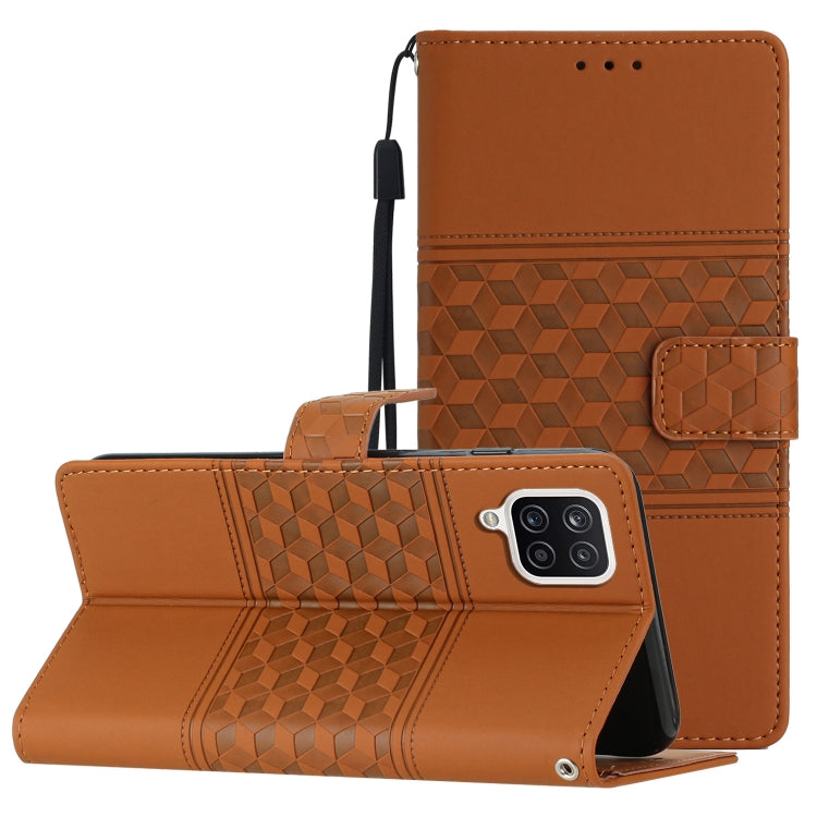 For Samsung Galaxy A12 Diamond Embossed Skin Feel Leather Phone Case with Lanyard