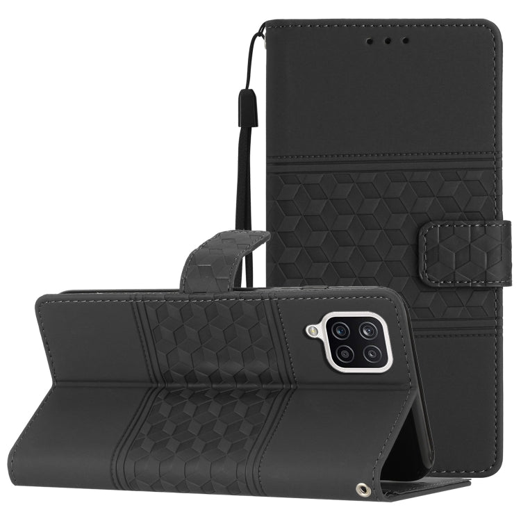 For Samsung Galaxy A12 Diamond Embossed Skin Feel Leather Phone Case with Lanyard