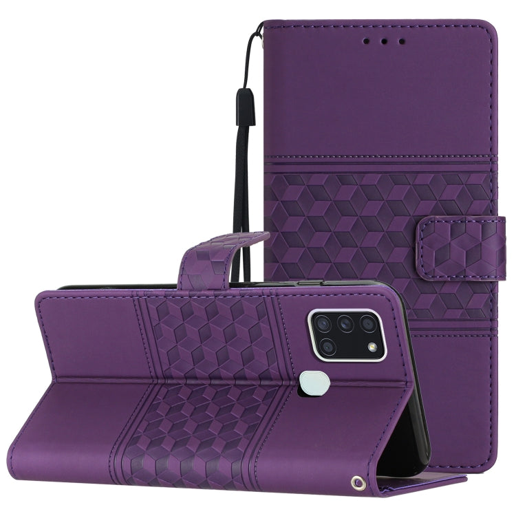 For Samsung Galaxy A20S Diamond Embossed Skin Feel Leather Phone Case with Lanyard