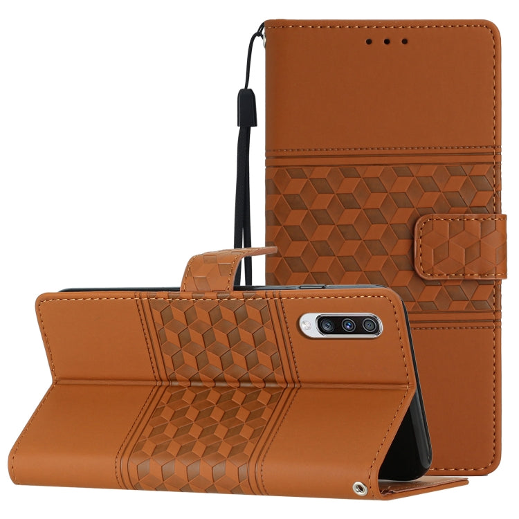 For Samsung Galaxy A50 Diamond Embossed Skin Feel Leather Phone Case with Lanyard