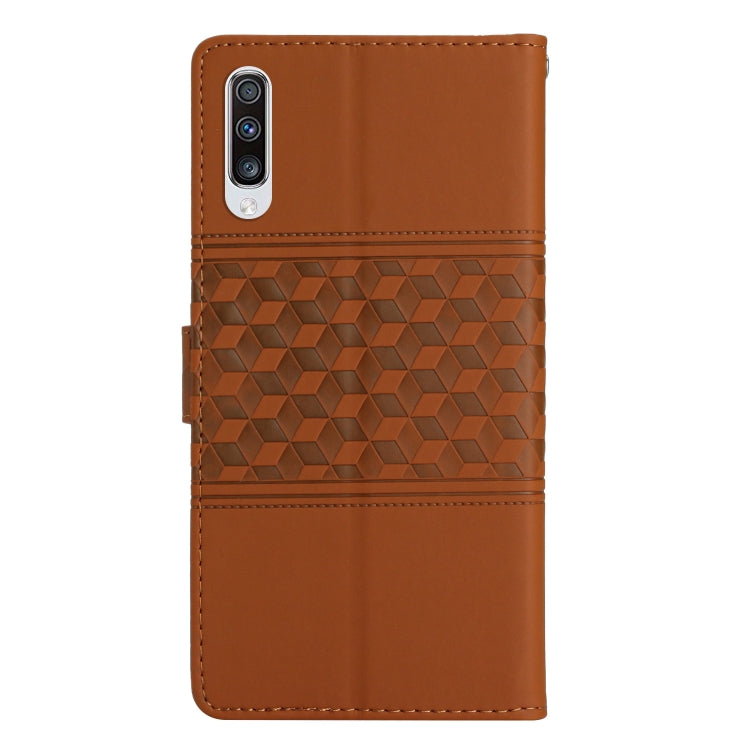 For Samsung Galaxy A50 Diamond Embossed Skin Feel Leather Phone Case with Lanyard