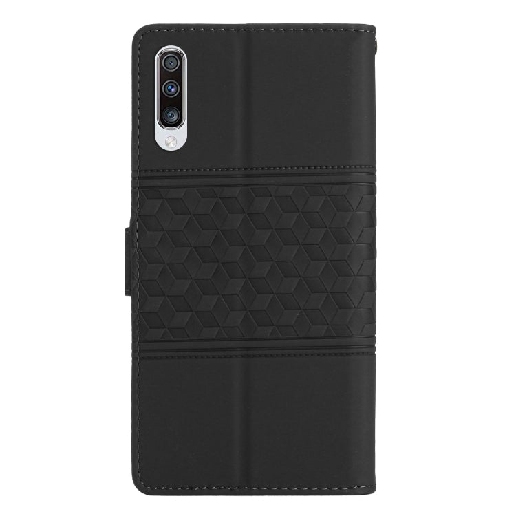For Samsung Galaxy A50 Diamond Embossed Skin Feel Leather Phone Case with Lanyard
