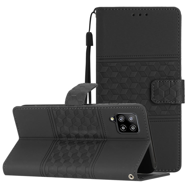 For Samsung Galaxy M32 Diamond Embossed Skin Feel Leather Phone Case with Lanyard