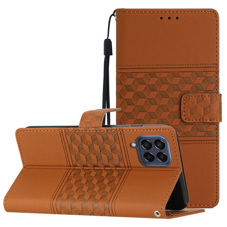 For Samsung Galaxy M53 Diamond Embossed Skin Feel Leather Phone Case with Lanyard