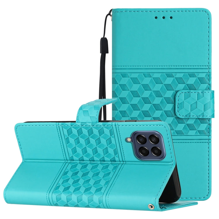 For Samsung Galaxy M53 Diamond Embossed Skin Feel Leather Phone Case with Lanyard