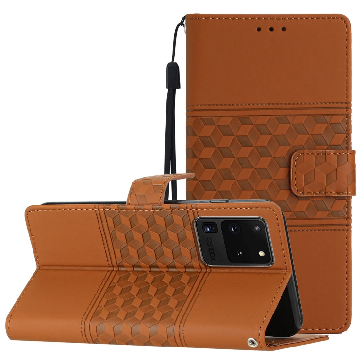 For Samsung Galaxy S20 Ultra Diamond Embossed Skin Feel Leather Phone Case with Lanyard