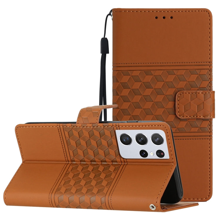 For Samsung Galaxy S21 Ultra 5G Diamond Embossed Skin Feel Leather Phone Case with Lanyard