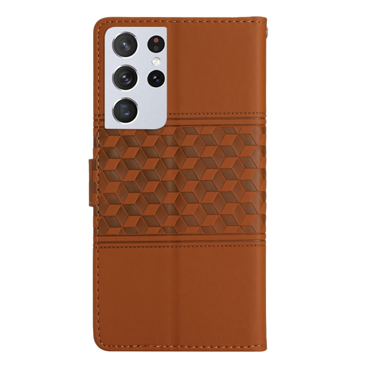 For Samsung Galaxy S21 Ultra 5G Diamond Embossed Skin Feel Leather Phone Case with Lanyard