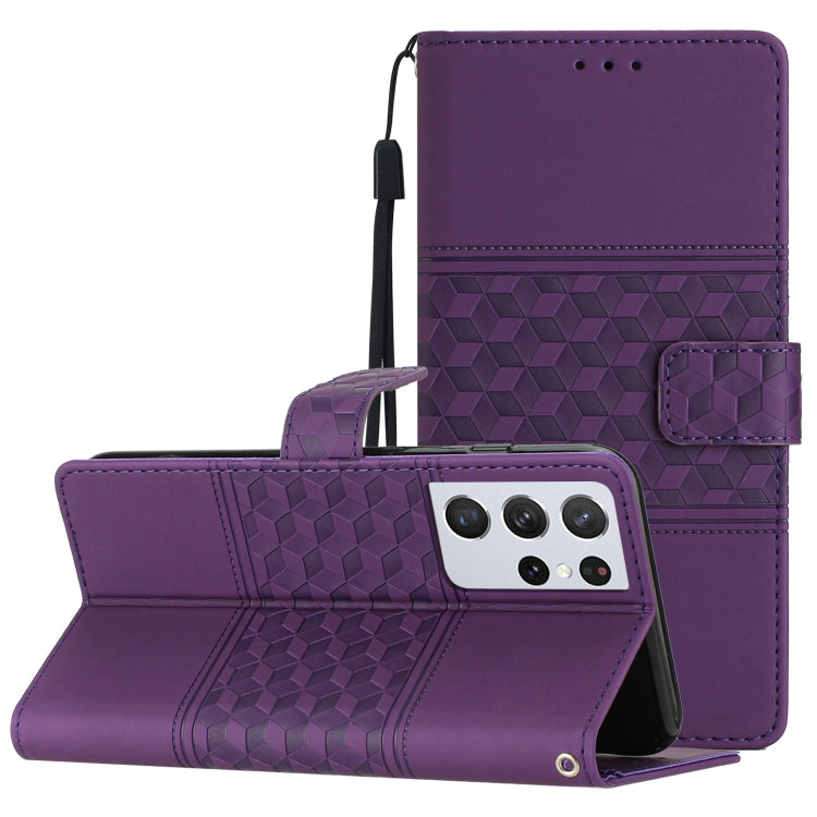 For Samsung Galaxy S21 Ultra 5G Diamond Embossed Skin Feel Leather Phone Case with Lanyard