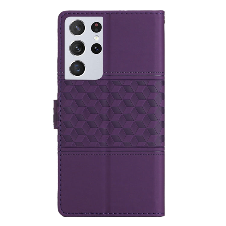 For Samsung Galaxy S21 Ultra 5G Diamond Embossed Skin Feel Leather Phone Case with Lanyard