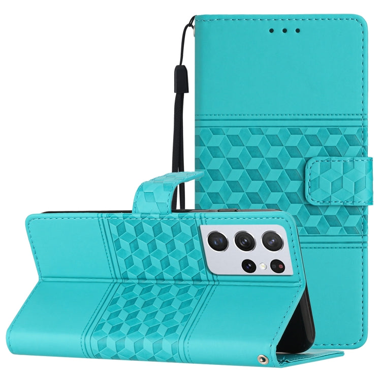 For Samsung Galaxy S21 Ultra 5G Diamond Embossed Skin Feel Leather Phone Case with Lanyard