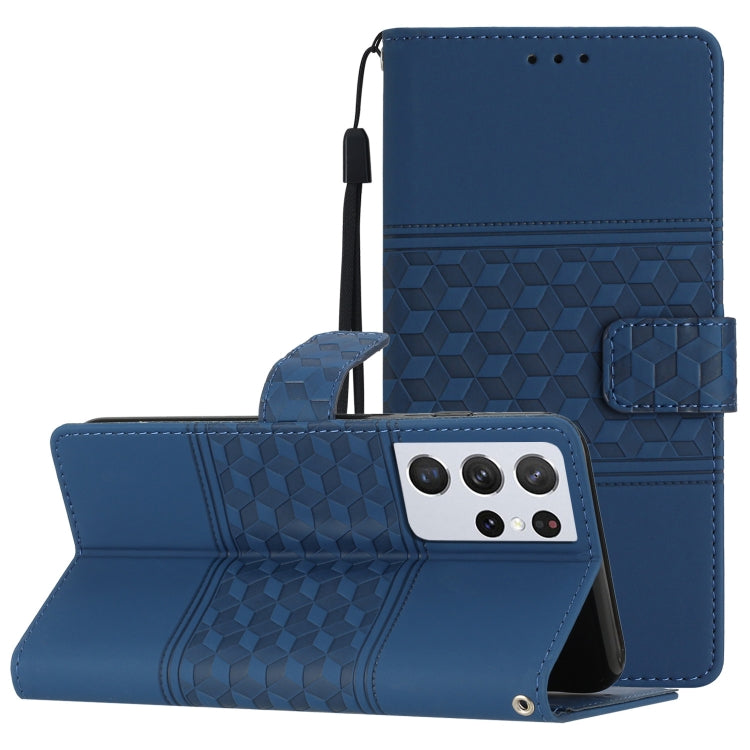 For Samsung Galaxy S21 Ultra 5G Diamond Embossed Skin Feel Leather Phone Case with Lanyard