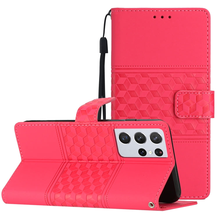 For Samsung Galaxy S21 Ultra 5G Diamond Embossed Skin Feel Leather Phone Case with Lanyard