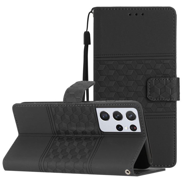 For Samsung Galaxy S21 Ultra 5G Diamond Embossed Skin Feel Leather Phone Case with Lanyard