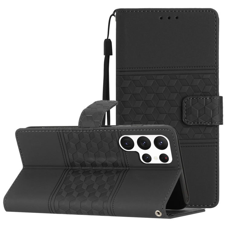 For Samsung Galaxy S22 Ultra 5G Diamond Embossed Skin Feel Leather Phone Case with Lanyard
