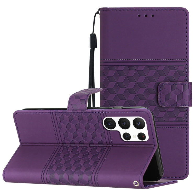For Samsung Galaxy S23 Ultra 5G Diamond Embossed Skin Feel Leather Phone Case with Lanyard