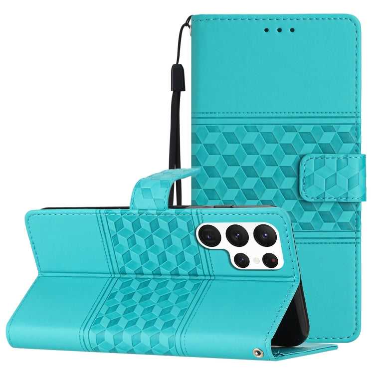 For Samsung Galaxy S23 Ultra 5G Diamond Embossed Skin Feel Leather Phone Case with Lanyard