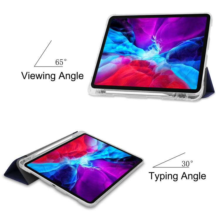 For iPad Pro 12.9 inch (2020) Three-folding Horizontal Flip PU Leather + Clear TPU Back Cover Tablet Case with Sleep / Wake-up Function & Holder & Pen Slot