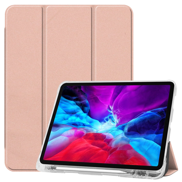 For iPad Pro 12.9 inch (2020) Three-folding Horizontal Flip PU Leather + Clear TPU Back Cover Tablet Case with Sleep / Wake-up Function & Holder & Pen Slot