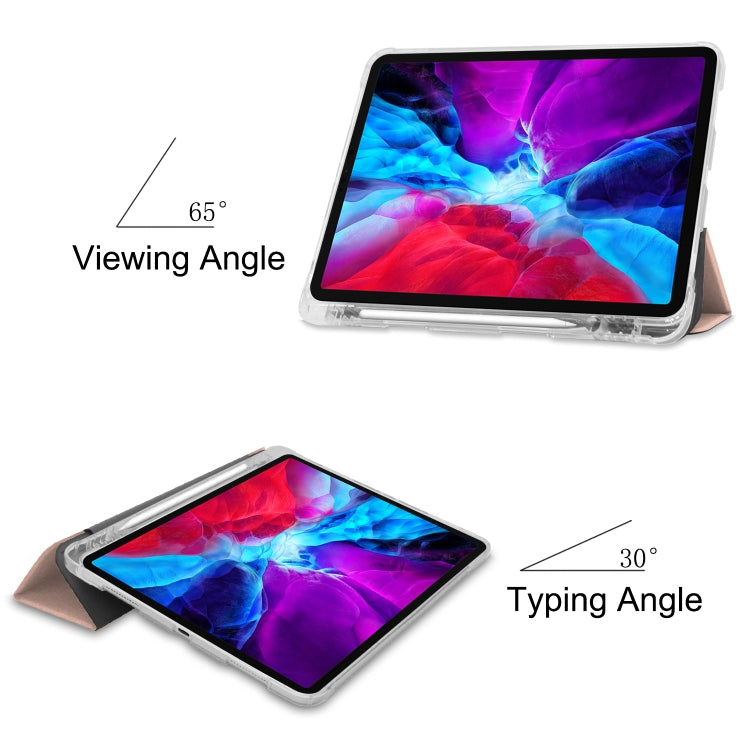 For iPad Pro 12.9 inch (2020) Three-folding Horizontal Flip PU Leather + Clear TPU Back Cover Tablet Case with Sleep / Wake-up Function & Holder & Pen Slot