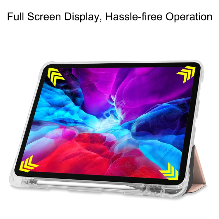 For iPad Pro 12.9 inch (2020) Three-folding Horizontal Flip PU Leather + Clear TPU Back Cover Tablet Case with Sleep / Wake-up Function & Holder & Pen Slot
