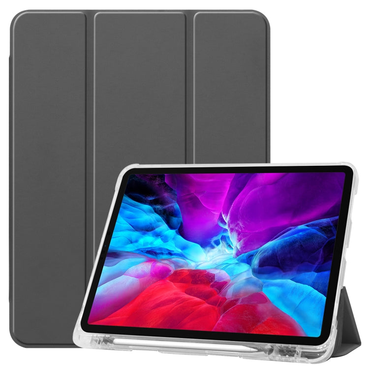 For iPad Pro 12.9 inch (2020) Three-folding Horizontal Flip PU Leather + Clear TPU Back Cover Tablet Case with Sleep / Wake-up Function & Holder & Pen Slot