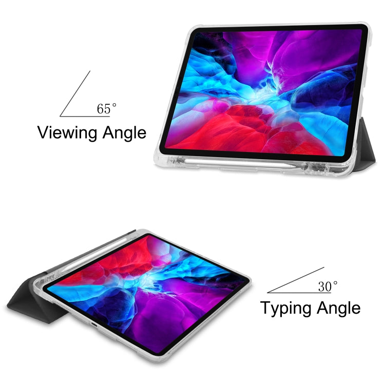 For iPad Pro 12.9 inch (2020) Three-folding Horizontal Flip PU Leather + Clear TPU Back Cover Tablet Case with Sleep / Wake-up Function & Holder & Pen Slot