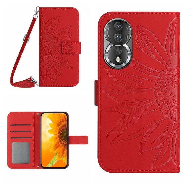 For Honor 80 HT04 Skin Feel Sun Flower Embossed Flip Leather Phone Case with Lanyard