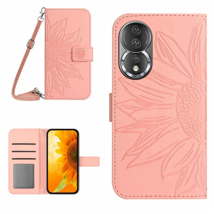 For Honor 80 HT04 Skin Feel Sun Flower Embossed Flip Leather Phone Case with Lanyard