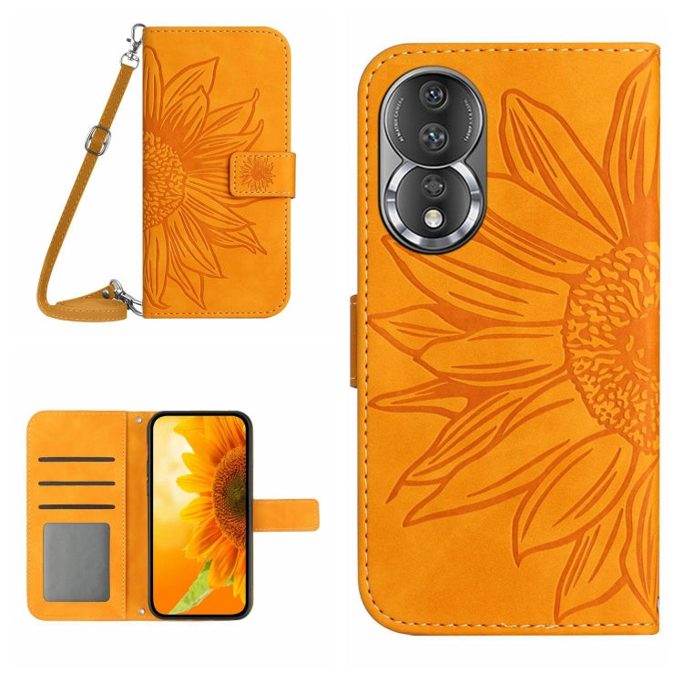 For Honor 80 HT04 Skin Feel Sun Flower Embossed Flip Leather Phone Case with Lanyard