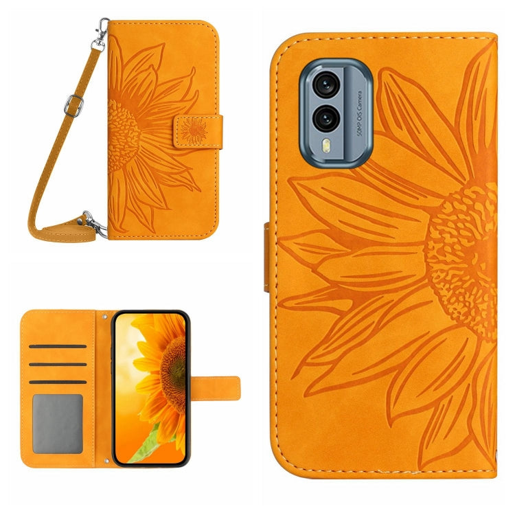 For Nokia X30 HT04 Skin Feel Sun Flower Embossed Flip Leather Phone Case with Lanyard
