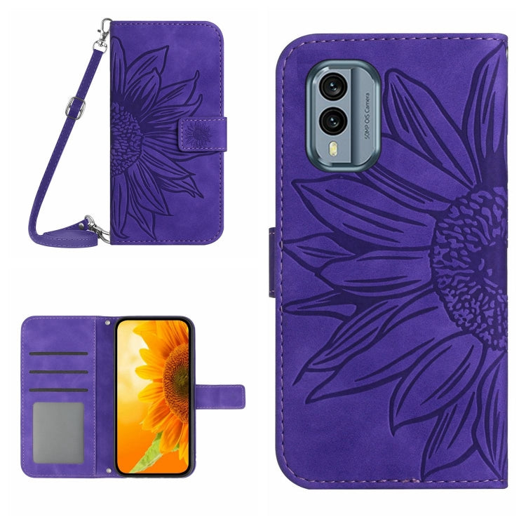 For Nokia X30 HT04 Skin Feel Sun Flower Embossed Flip Leather Phone Case with Lanyard