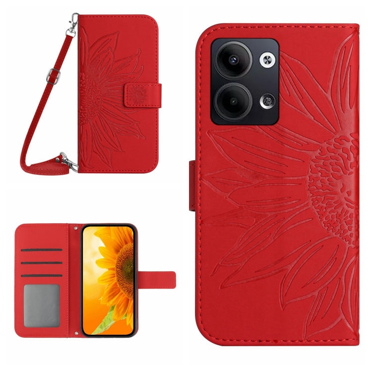 For OPPO Reno9 / Reno9 Pro HT04 Skin Feel Sun Flower Embossed Flip Leather Phone Case with Lanyard