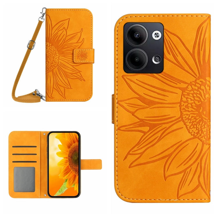For OPPO Reno9 / Reno9 Pro HT04 Skin Feel Sun Flower Embossed Flip Leather Phone Case with Lanyard