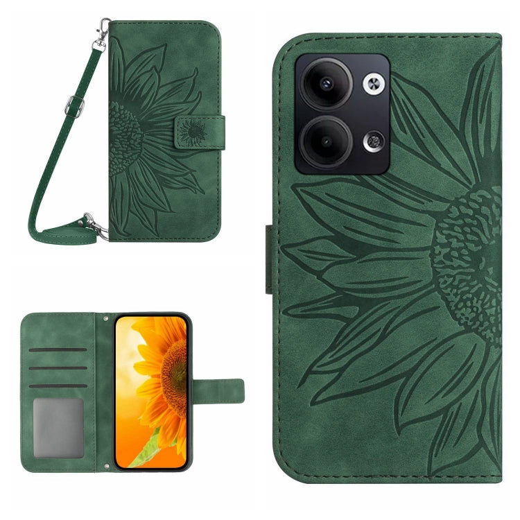 For OPPO Reno9 / Reno9 Pro HT04 Skin Feel Sun Flower Embossed Flip Leather Phone Case with Lanyard
