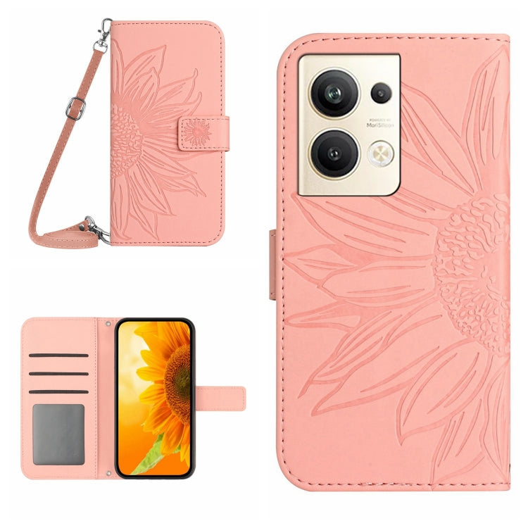 For OPPO Reno9 Pro+ HT04 Skin Feel Sun Flower Embossed Flip Leather Phone Case with Lanyard