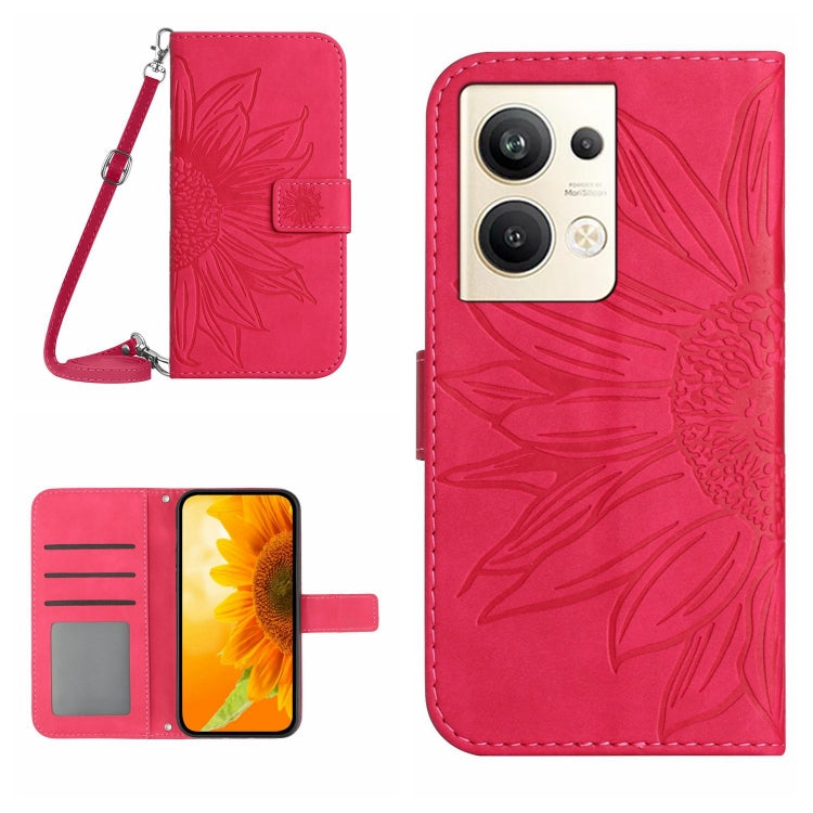 For OPPO Reno9 Pro+ HT04 Skin Feel Sun Flower Embossed Flip Leather Phone Case with Lanyard