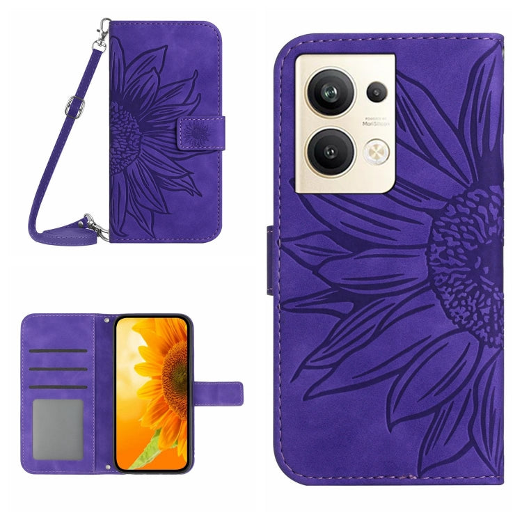 For OPPO Reno9 Pro+ HT04 Skin Feel Sun Flower Embossed Flip Leather Phone Case with Lanyard
