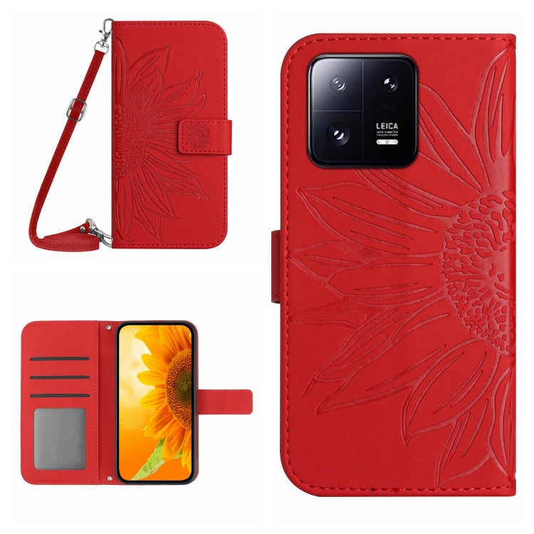 For Xiaomi 13 HT04 Skin Feel Sun Flower Embossed Flip Leather Phone Case with Lanyard
