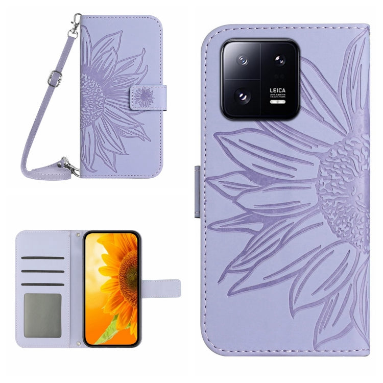 For Xiaomi 13 HT04 Skin Feel Sun Flower Embossed Flip Leather Phone Case with Lanyard